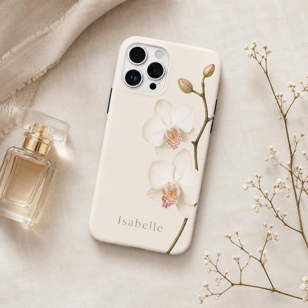 Custom Orchid Phone Case, Personalized Name iPhone Case, Elegant Black Floral Case Gif