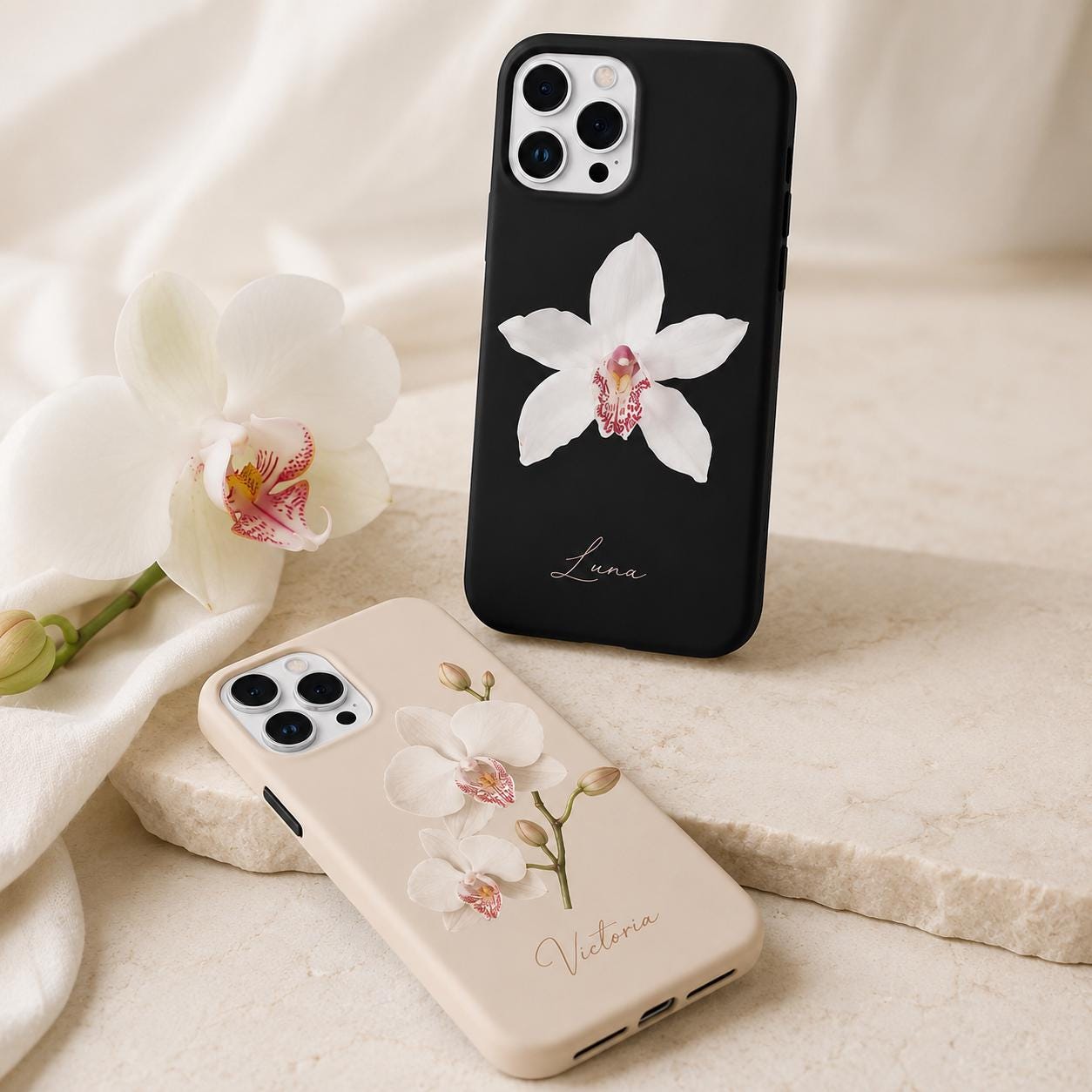 Custom Orchid Phone Case, Personalized Name iPhone Case, Elegant Black Floral Case Gif
