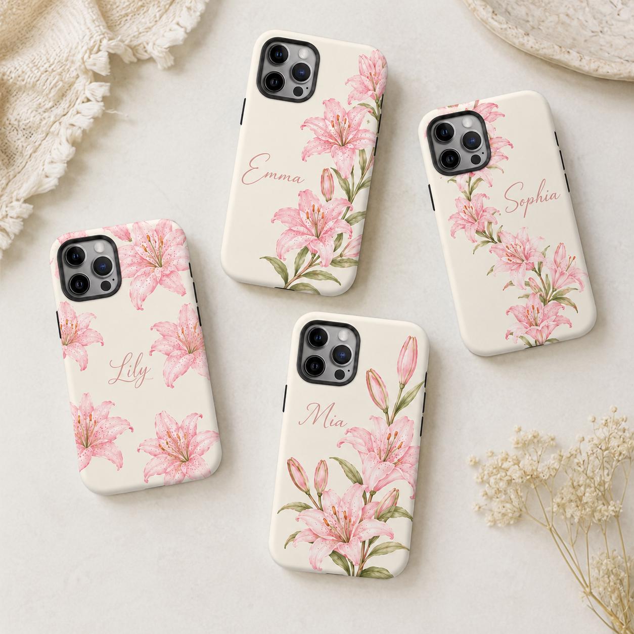 Pink Lily Phone Case, Watercolor Floral iPhone Case, Soft Feminine Botanical Case Gift