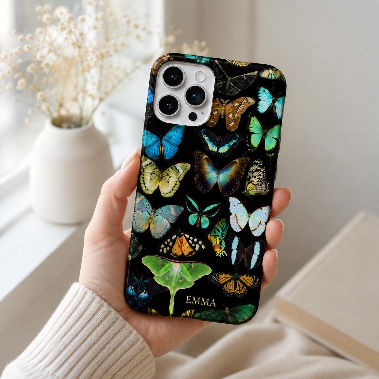 Dark Botanical Butterfly iPhone Case, Colorful Moth Nature Phone Cover