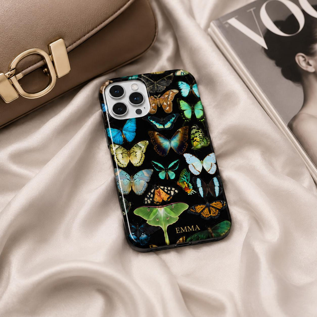 Dark Botanical Butterfly iPhone Case, Colorful Moth Nature Phone Cover