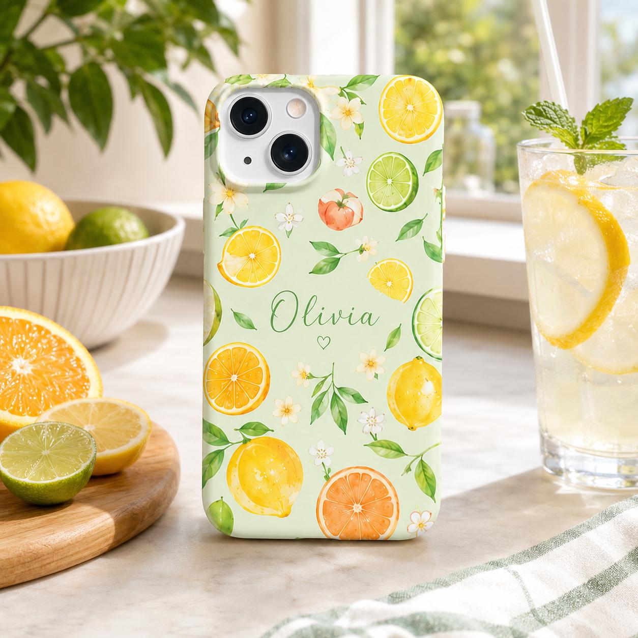 Custom Watercolor Citrus iPhone Case, Personalized Summer Name Phone Cover