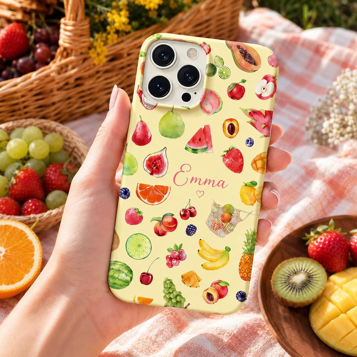 Custom Watercolor Citrus iPhone Case, Personalized Summer Name Phone Cover