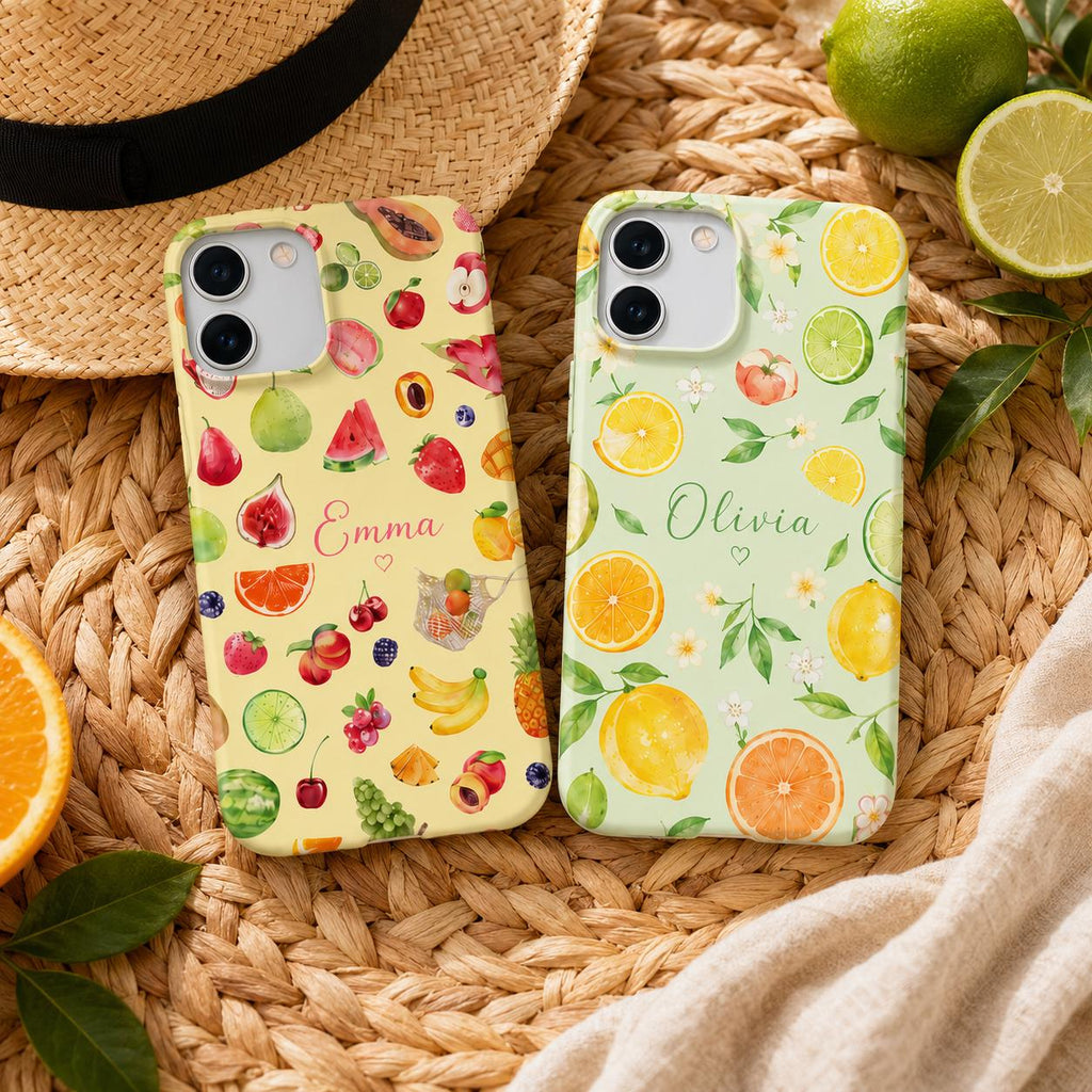Custom Watercolor Citrus iPhone Case, Personalized Summer Name Phone Cover