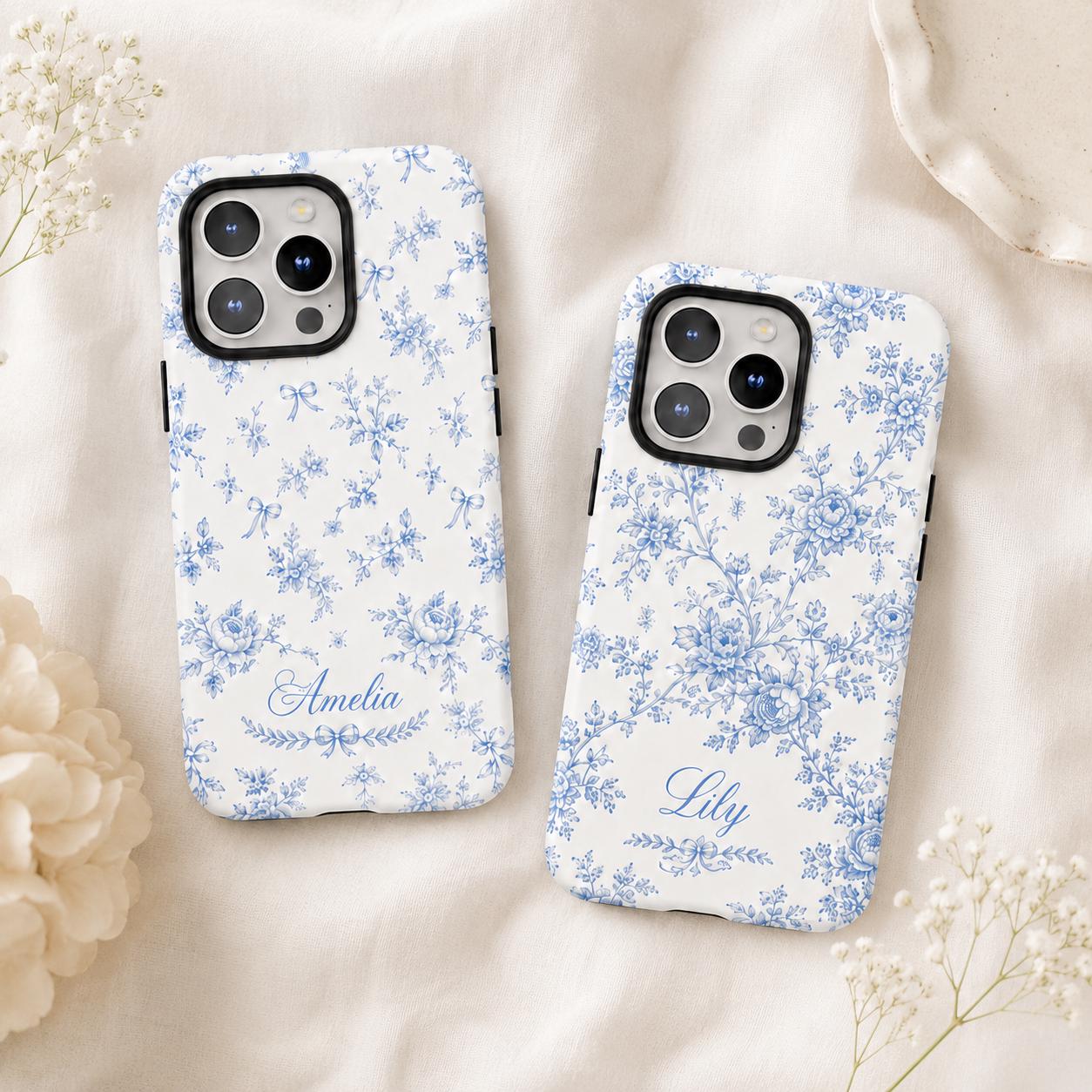 Blue Toile Floral iPhone Case, Personalized Cottagecore Name Case