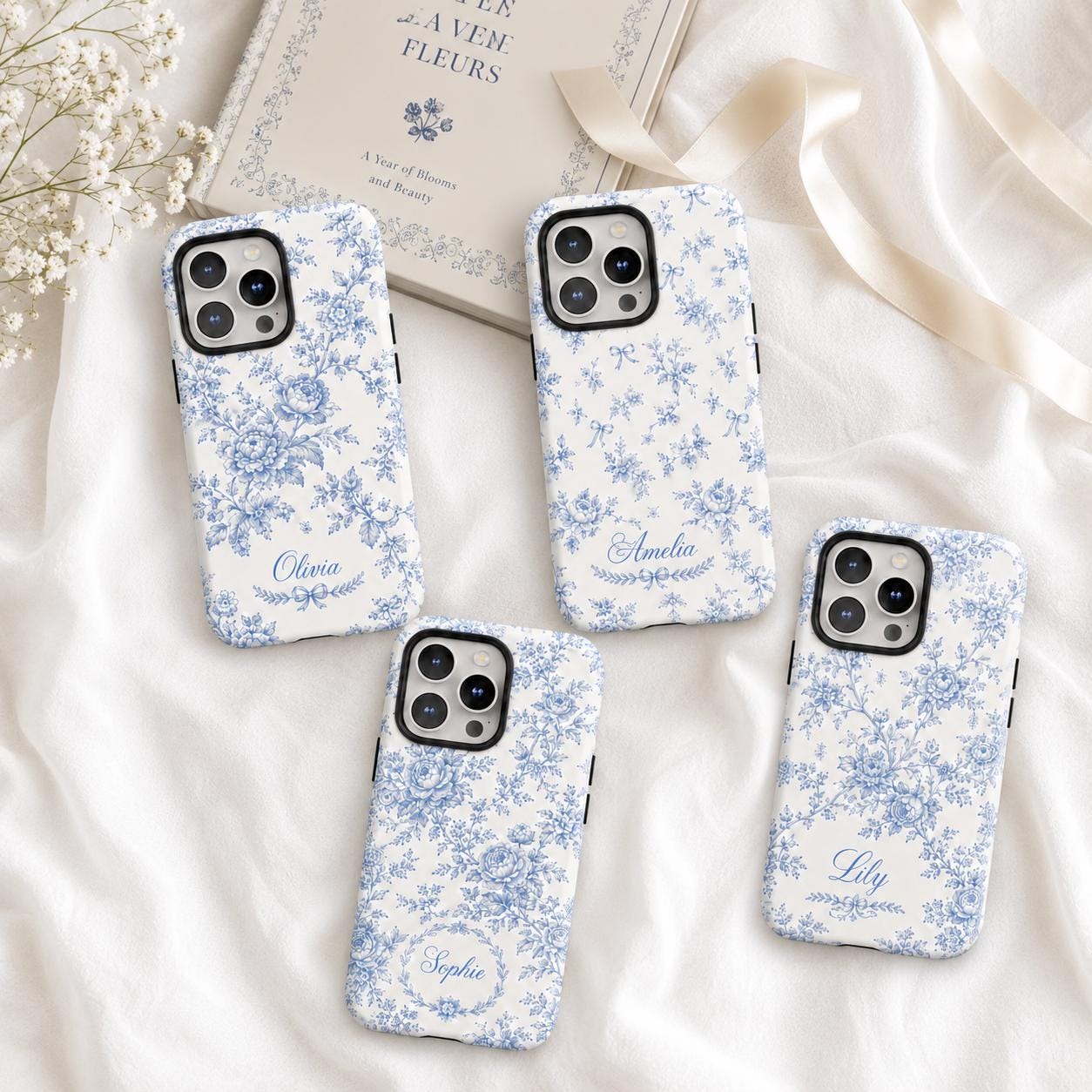 Blue Toile Floral iPhone Case, Personalized Cottagecore Name Case