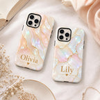 Custom Pearl iPhone Case, Pink Marble Gold Kintsugi Name Personalized