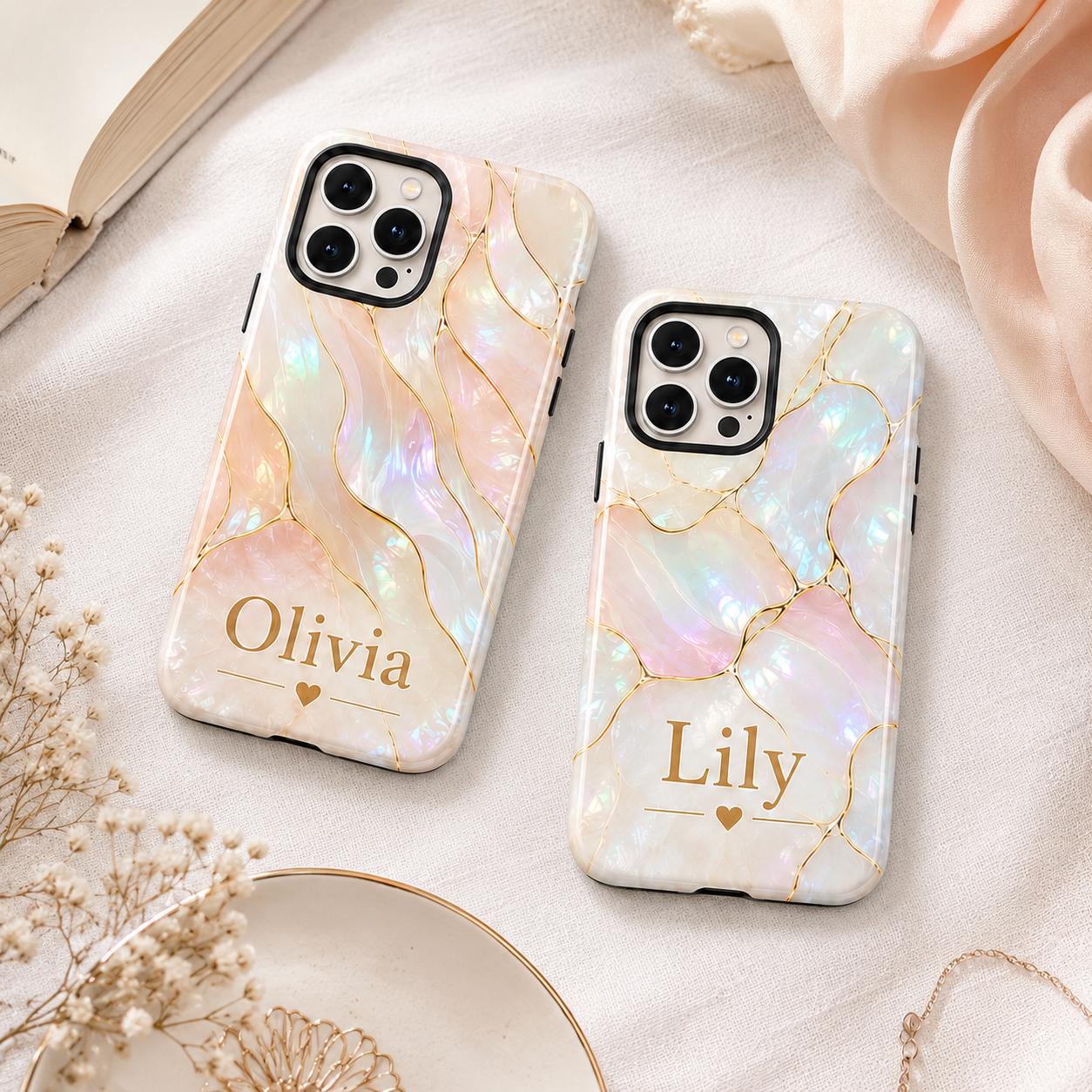 Custom Pearl iPhone Case, Pink Marble Gold Kintsugi Name Personalized