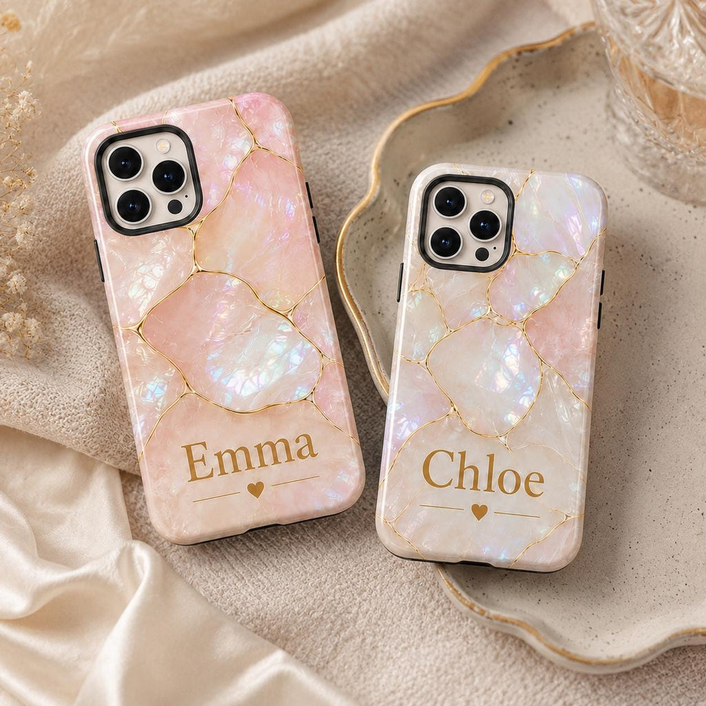 Custom Pearl iPhone Case, Pink Marble Gold Kintsugi Name Personalized