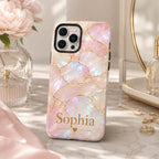 Custom Pearl iPhone Case, Pink Marble Gold Kintsugi Name Personalized