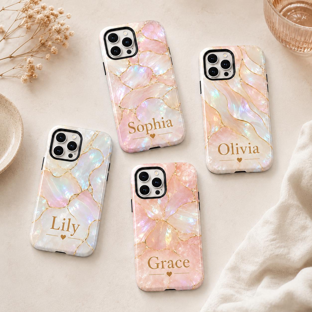 Custom Pearl iPhone Case, Pink Marble Gold Kintsugi Name Personalized