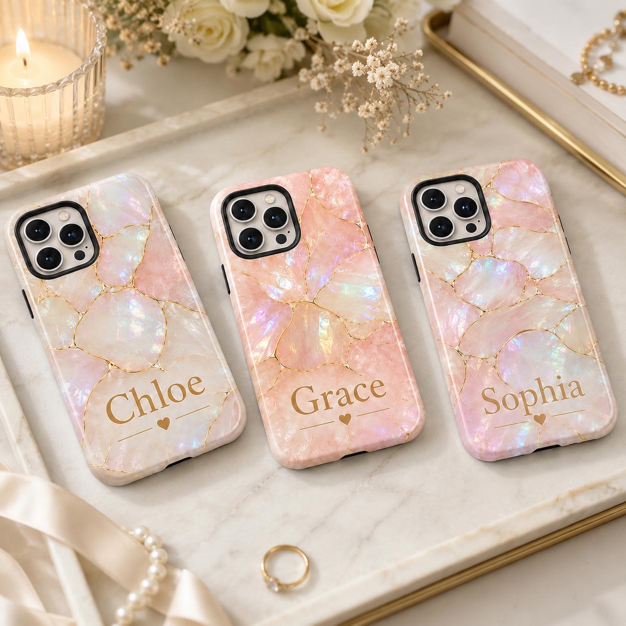 Custom Pearl iPhone Case, Pink Marble Gold Kintsugi Name Personalized