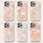 Custom Pearl iPhone Case, Pink Marble Gold Kintsugi Name Personalized