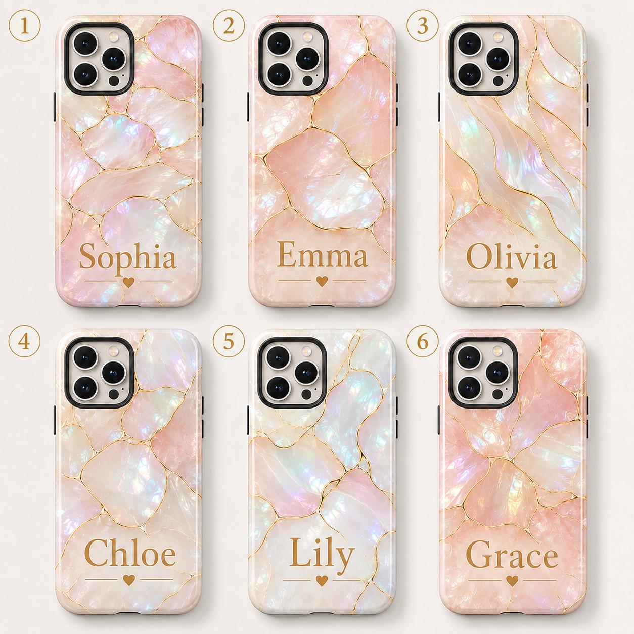 Custom Pearl iPhone Case, Pink Marble Gold Kintsugi Name Personalized