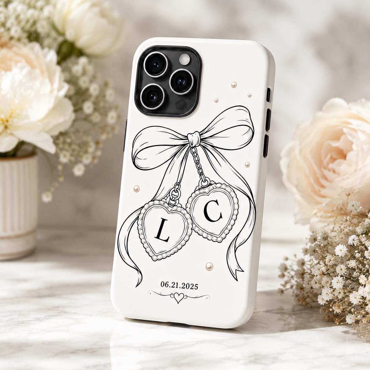 Custom Bow Heart Phone Case, Personalized Initials Date iPhone Case, Coquette Couple Gift