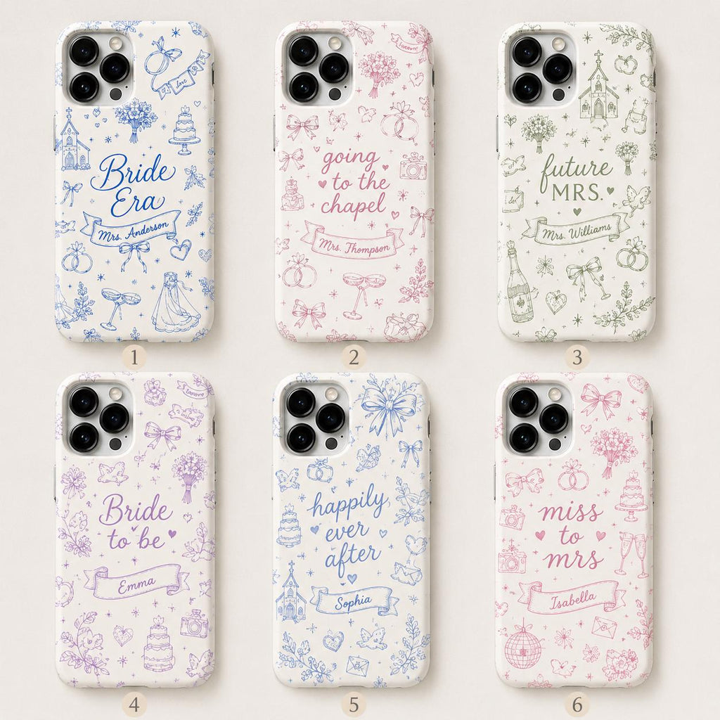 Bride Era Custom Name iPhone Case, Blue Wedding Doodle Bridal Gift