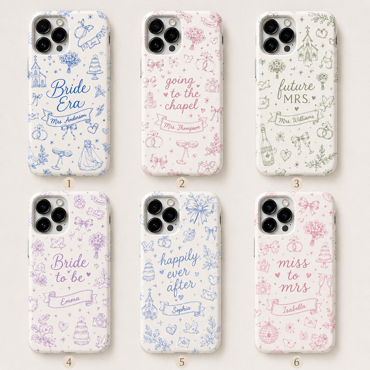 Bride Era Custom Name iPhone Case, Blue Wedding Doodle Bridal Gift