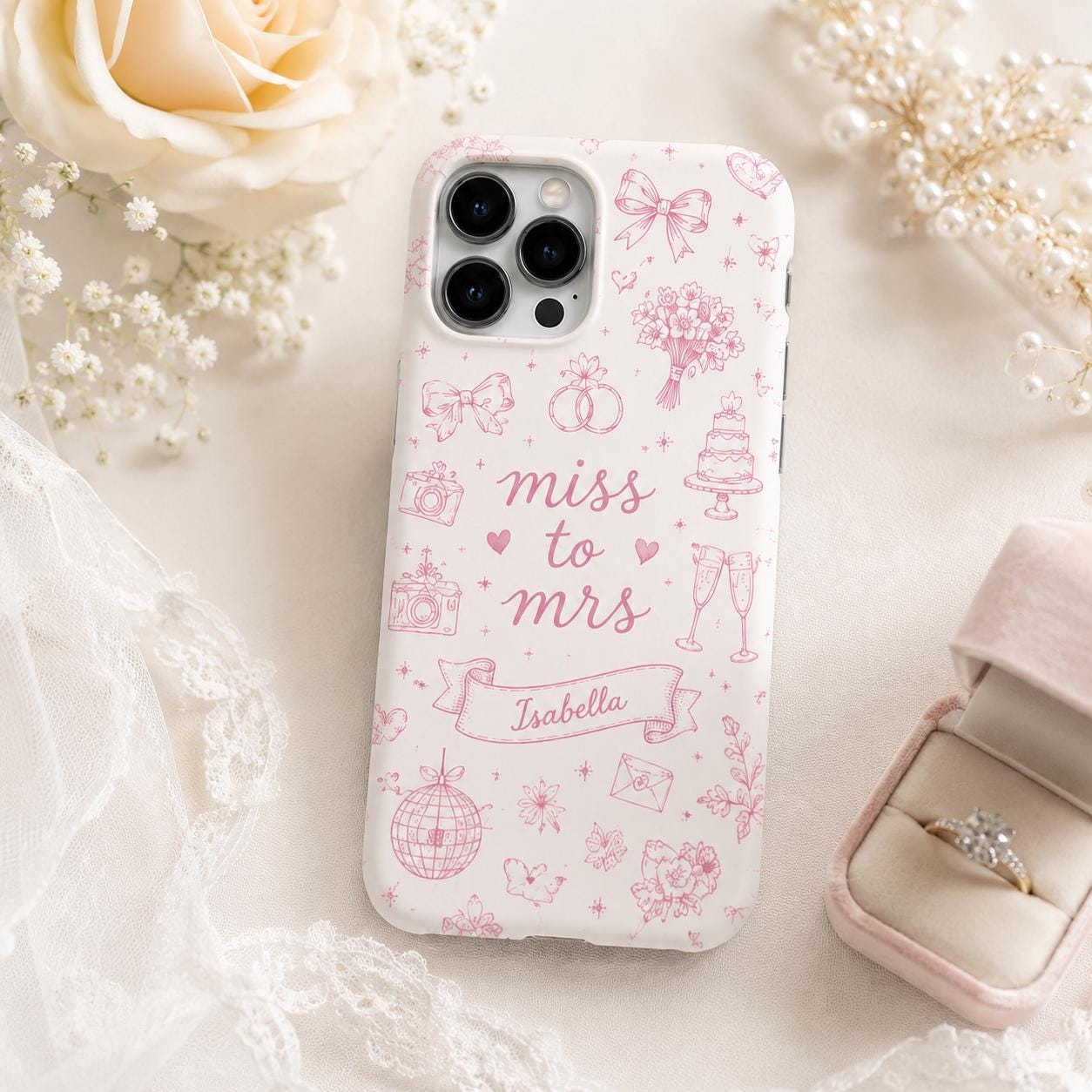 Bride Era Custom Name iPhone Case, Blue Wedding Doodle Bridal Gift