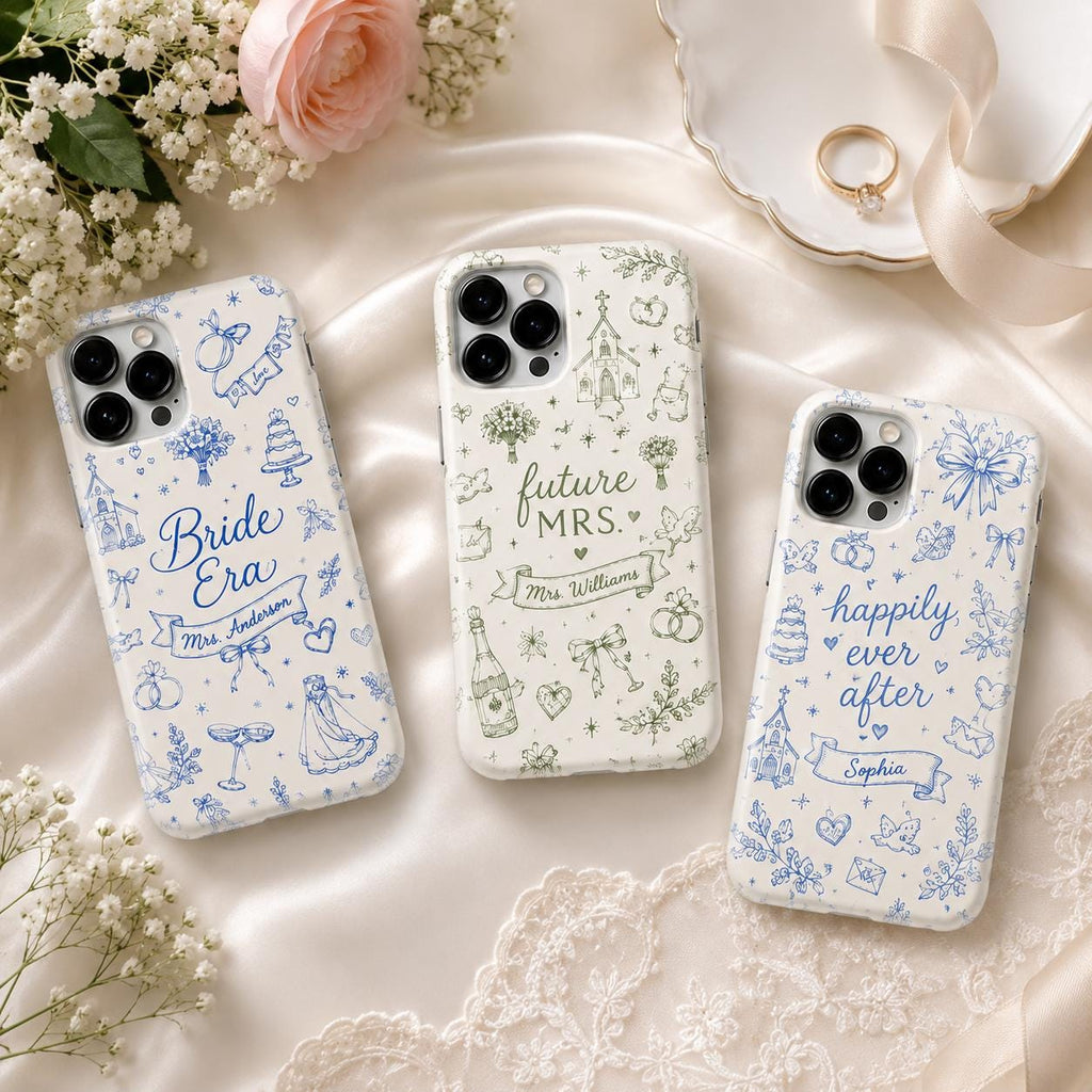 Bride Era Custom Name iPhone Case, Blue Wedding Doodle Bridal Gift