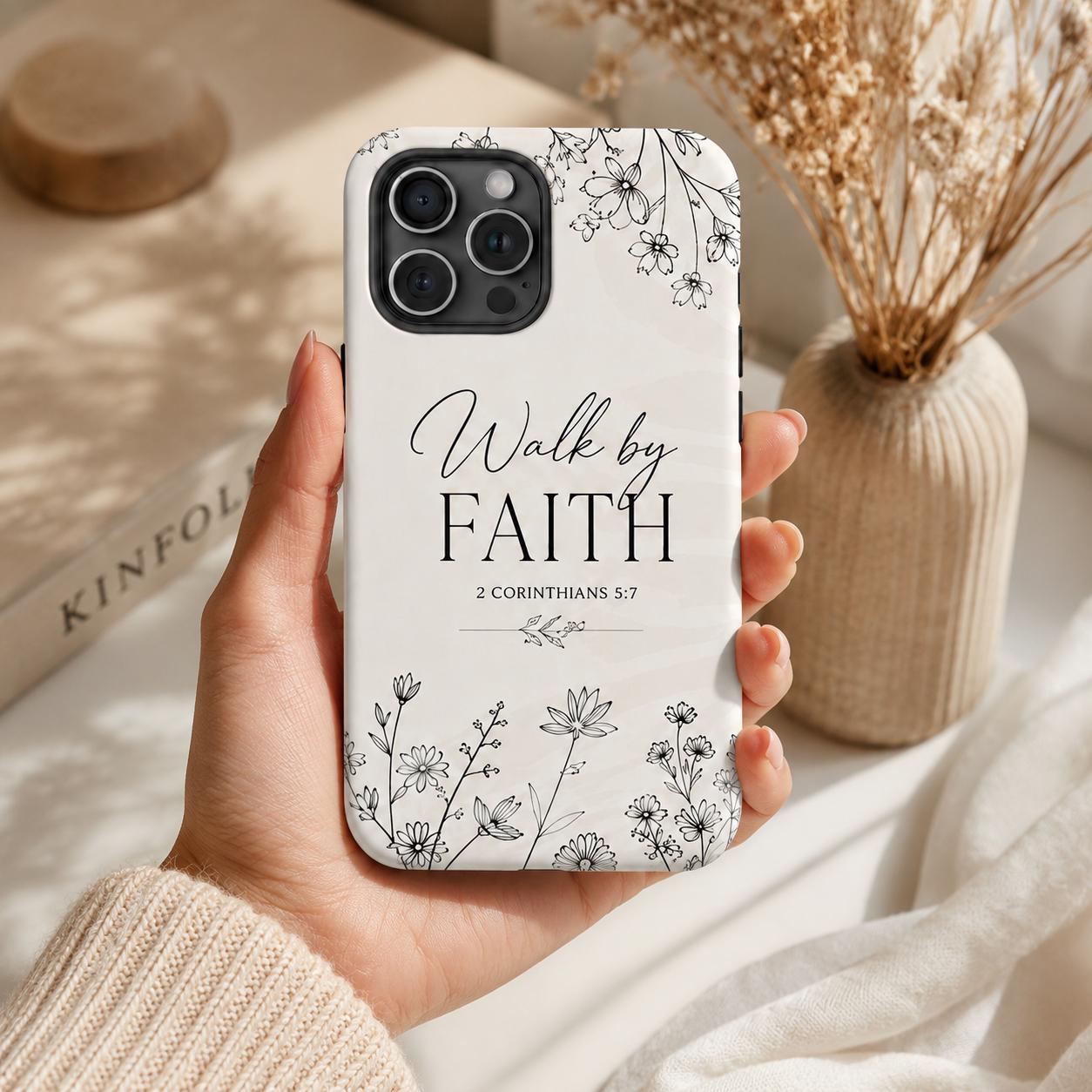 Christian Floral Phone Case, Walk By Faith Bible Verse iPhone Case