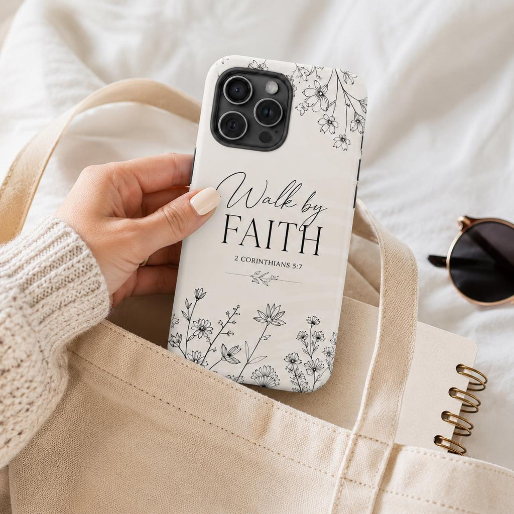 Christian Floral Phone Case, Walk By Faith Bible Verse iPhone Case