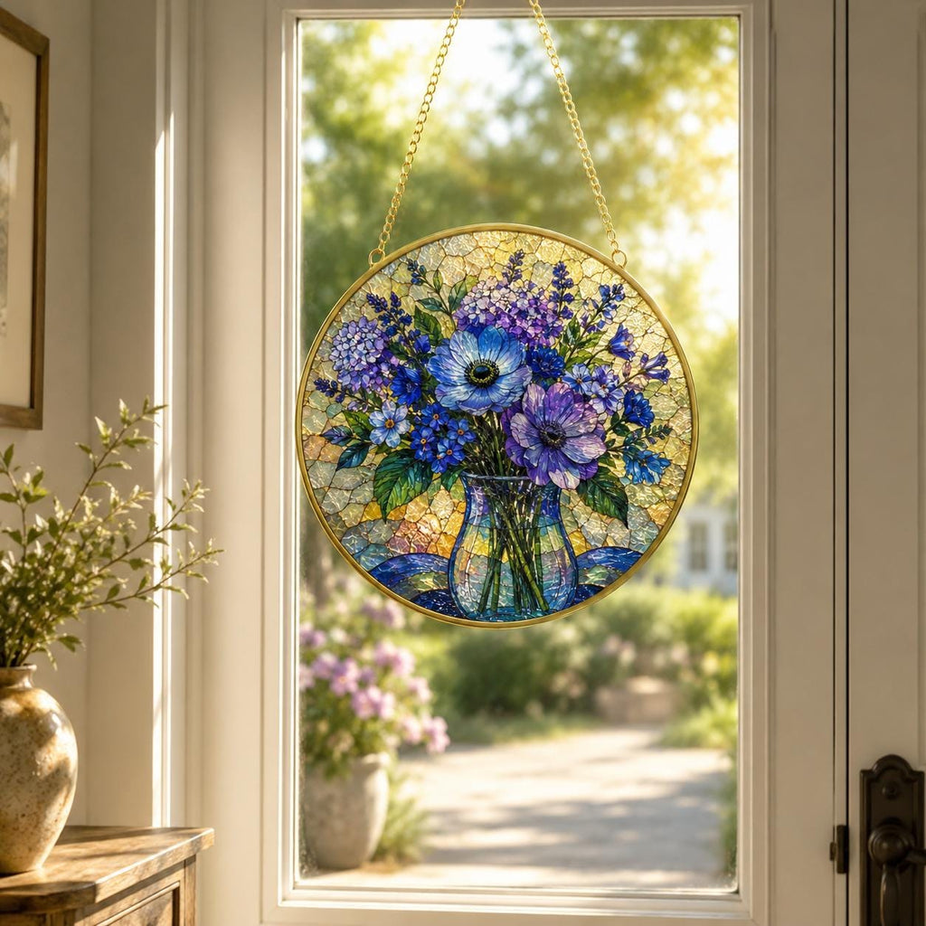 Blue Wildflower Stained Glass Suncatcher, Floral Golden Frame Window Hanging Ornament - product image 5