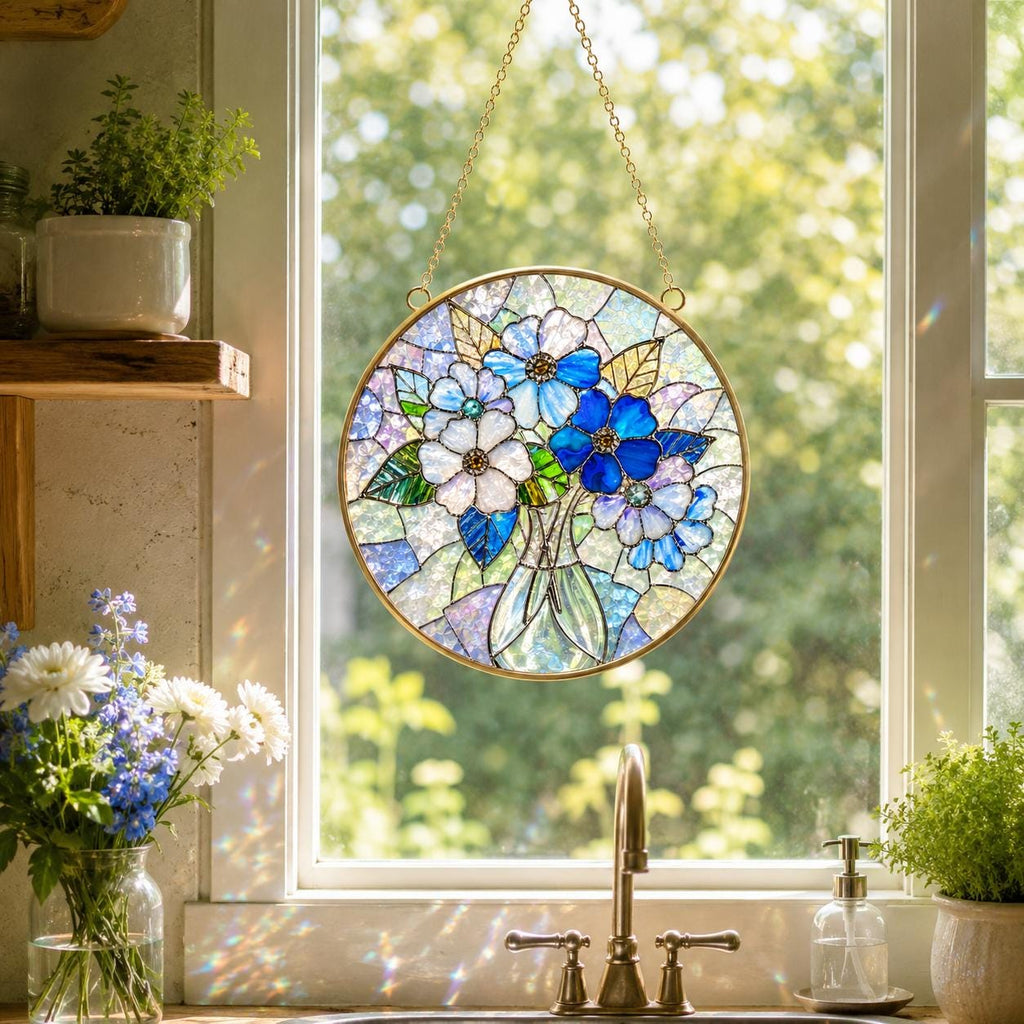 Personalized Blue Flower Stained Glass Suncatcher, Golden Frame Floral Window Hanging Ornament - product image 5
