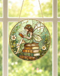 Personalized Reading Fairy Stained Glass Suncatcher, Book Lover Window Hanging Decor, Golden Frame Gift - product image 1