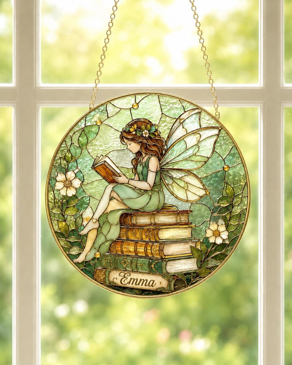Personalized Reading Fairy Stained Glass Suncatcher, Book Lover Window Hanging Decor, Golden Frame Gift - product image 2