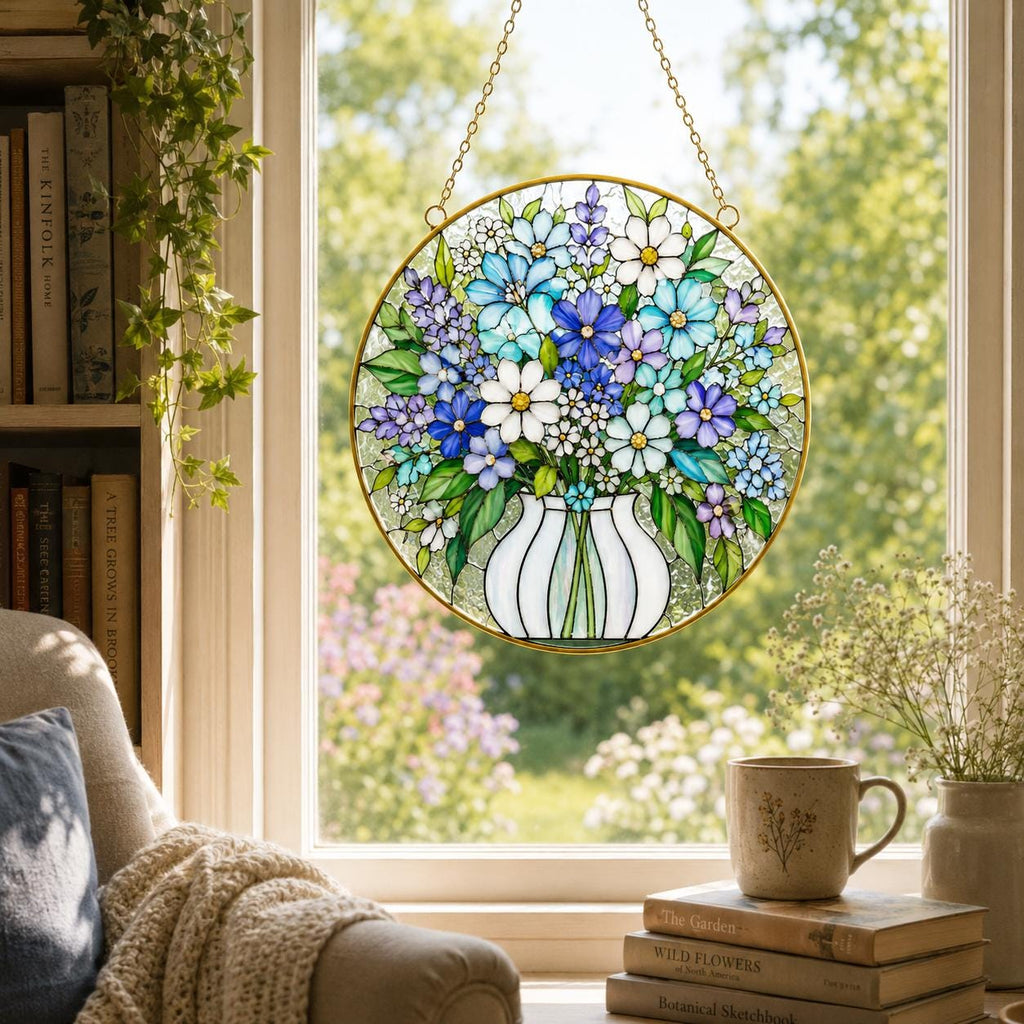 Personalized Wildflower Stained Glass Suncatcher, Custom Name Floral Window Hanging, Golden Frame Decor - product image 5