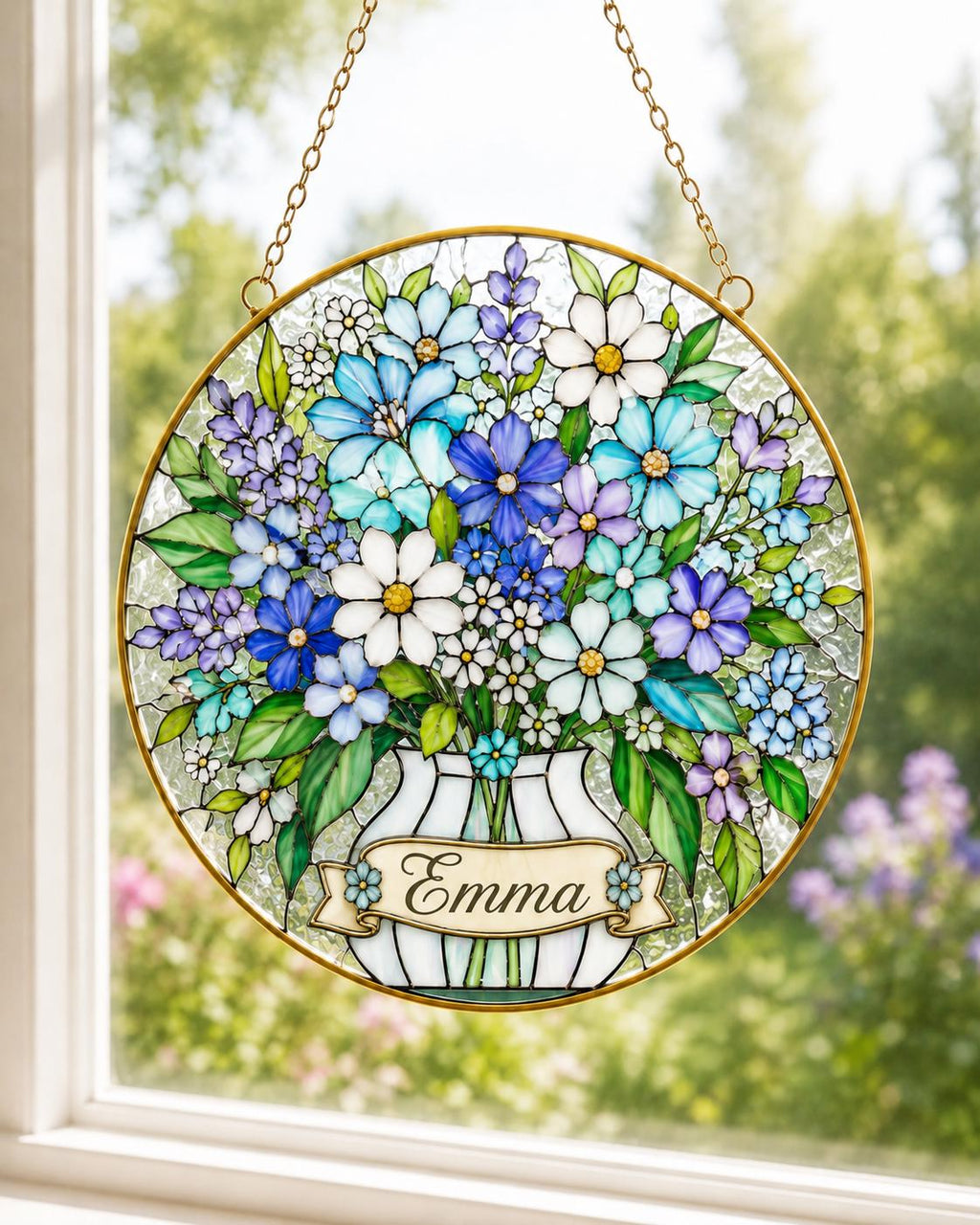 Personalized Wildflower Stained Glass Suncatcher, Custom Name Floral Window Hanging, Golden Frame Decor - product image 1