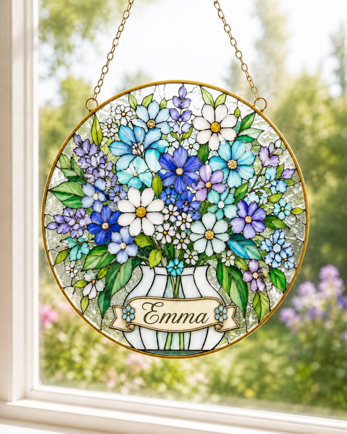 Personalized Wildflower Stained Glass Suncatcher, Custom Name Floral Window Hanging, Golden Frame Decor - product image 1