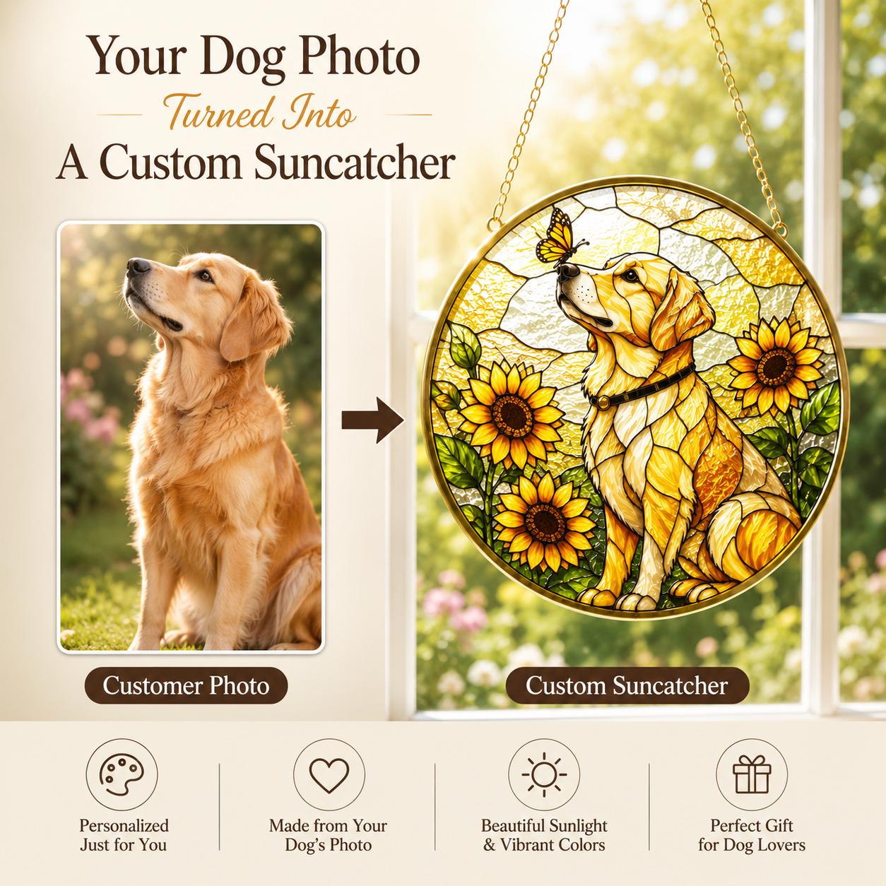 Custom Dog Photo Stained Glass Suncatcher, Personalized Pet Portrait Window Hanging Decor - product image 9