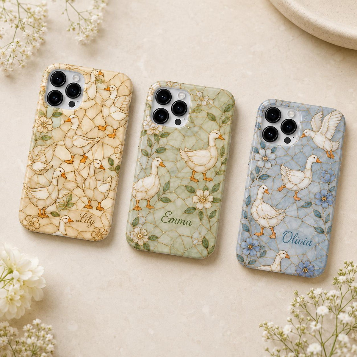Custom Goose Phone Case, Personalized Duck iPhone Case, Cottagecore Gold Floral Name Case Gift