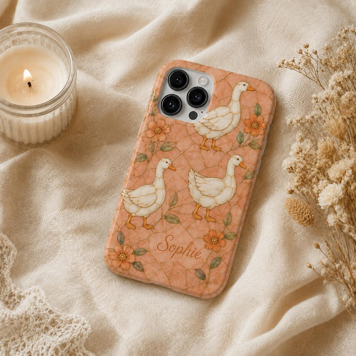 Custom Goose Phone Case, Personalized Duck iPhone Case, Cottagecore Gold Floral Name Case Gift
