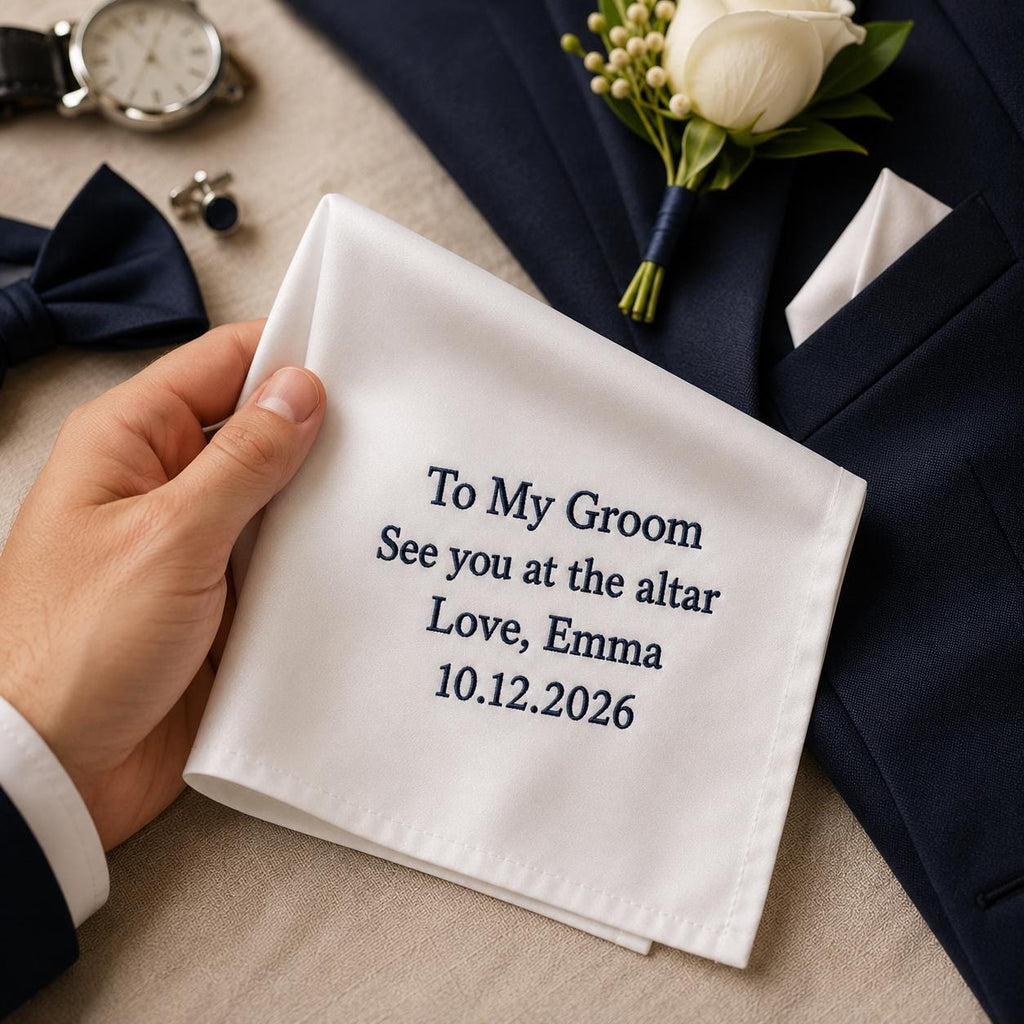 Personalized Groom Handkerchief, Custom Embroidered Wedding Handkerchief, Gift From Bride To Groom