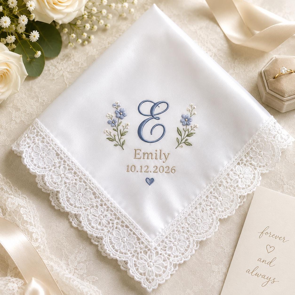 Personalized Initial Handkerchief, Custom Embroidered Wedding Hanky, Bridal Lace Keepsake Gift