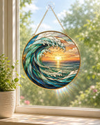 Ocean Wave Stained Glass Suncatcher, Coastal Window Hanging Decor – main product view