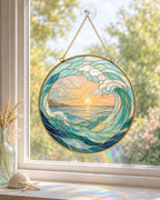 Ocean Wave Stained Glass Suncatcher, Coastal Window Hanging Decor – product photo 3