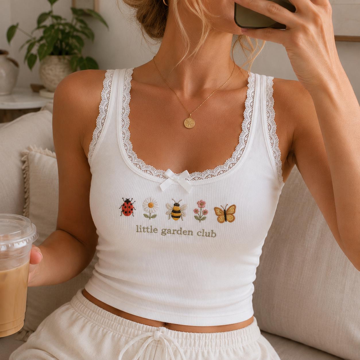 Little Garden Club Embroidered Camisole, Cottagecore Lace Trim Tank Top, Bee Ladybug Butterfly Garden Shirt for Women