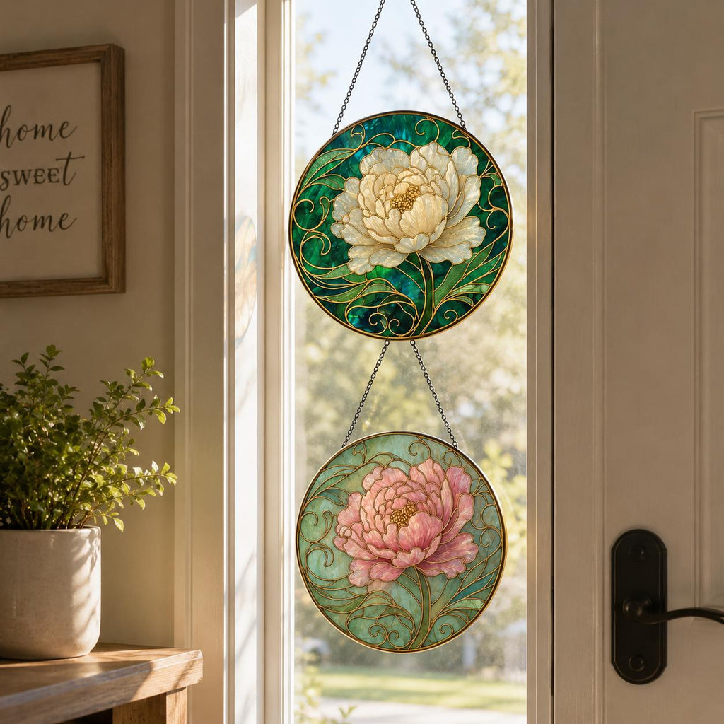 Peony Stained Glass Suncatcher – Art Nouveau Floral Window Hanging – Luxury Home Decor - product image 9