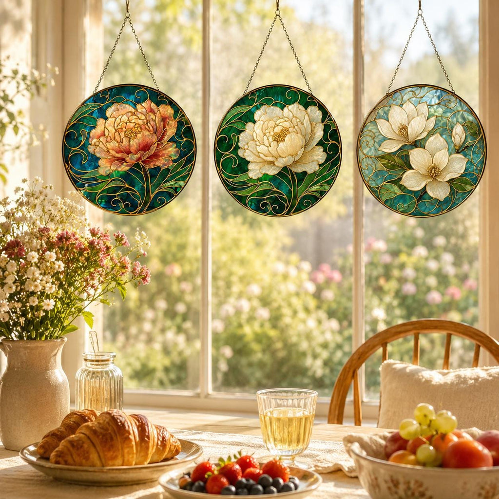 Peony Stained Glass Suncatcher – Art Nouveau Floral Window Hanging – Luxury Home Decor - product image 3