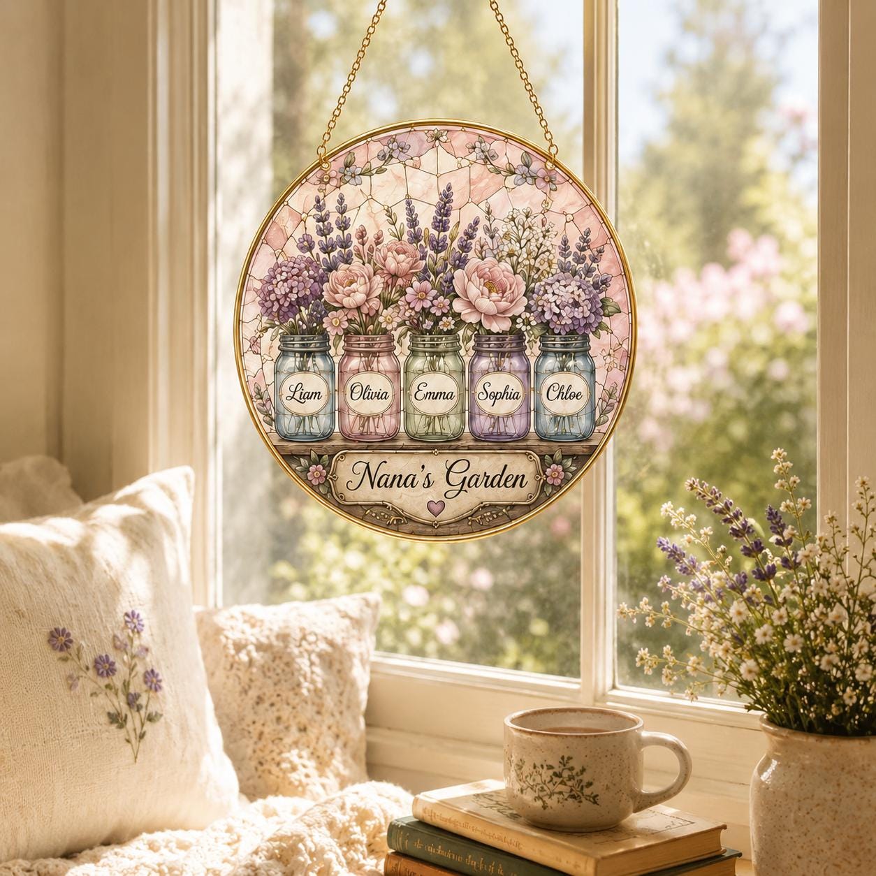 Personalized Grandma’s Garden Stained Glass Suncatcher, Custom Grandkids Names Birth Flower Window - product image 10