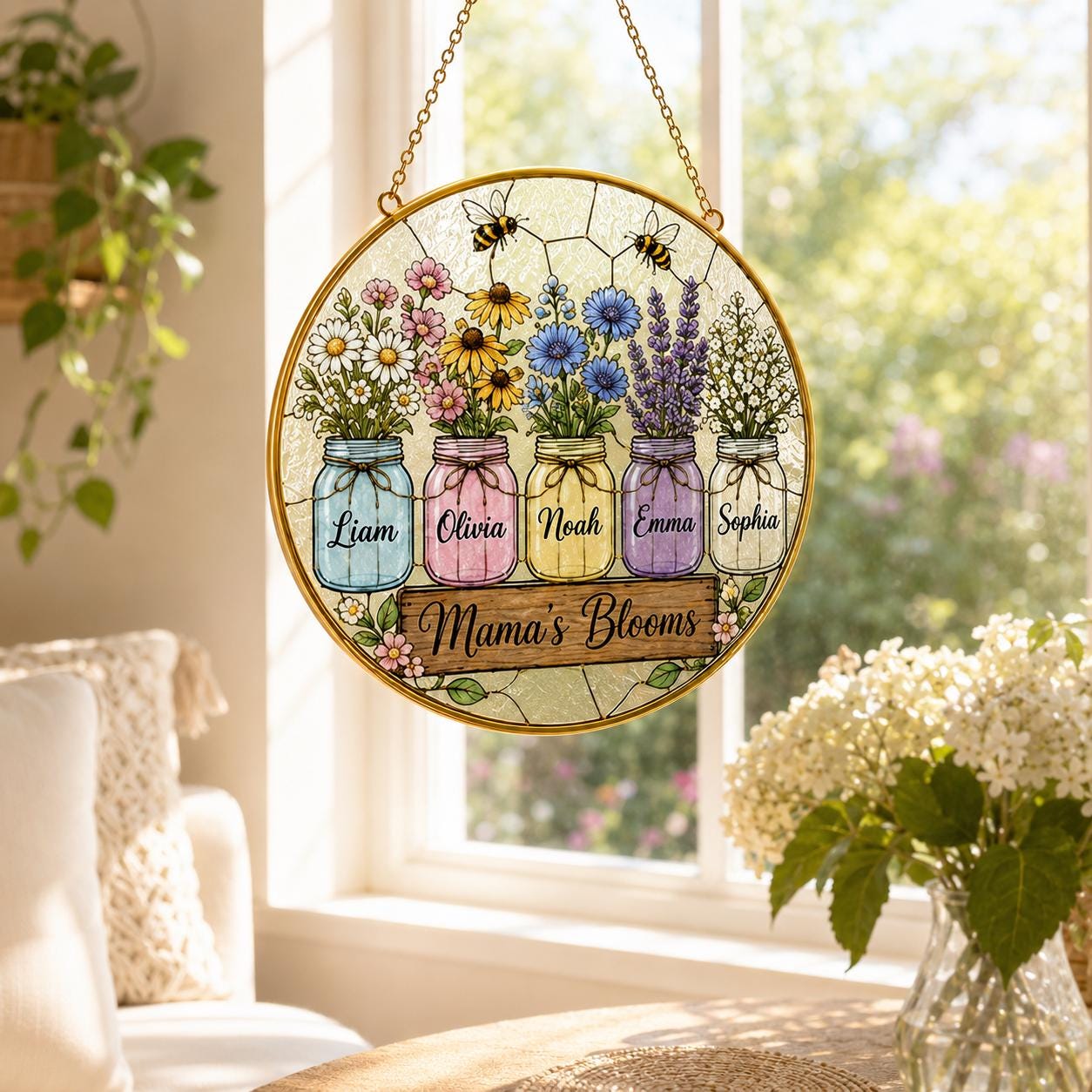 Personalized Mom’s Garden Stained Glass Suncatcher, Custom Kids Names Birth Flower Window Hanging - product image 9