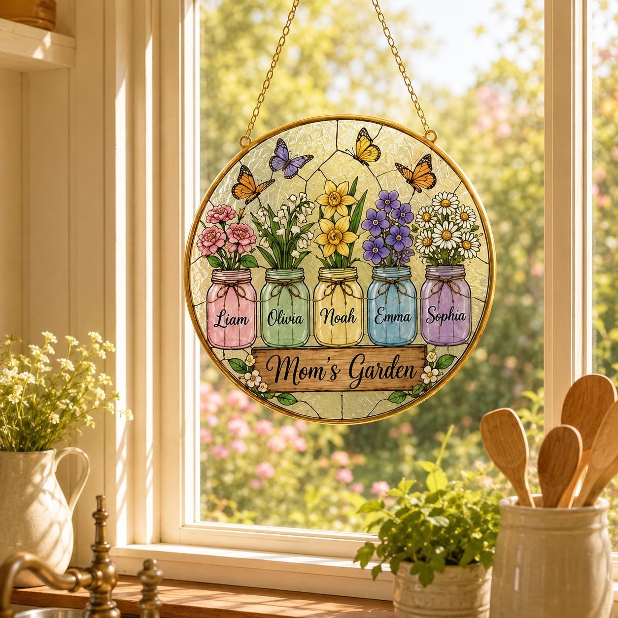 Personalized Mom’s Garden Stained Glass Suncatcher, Custom Kids Names Birth Flower Window Hanging - product image 10