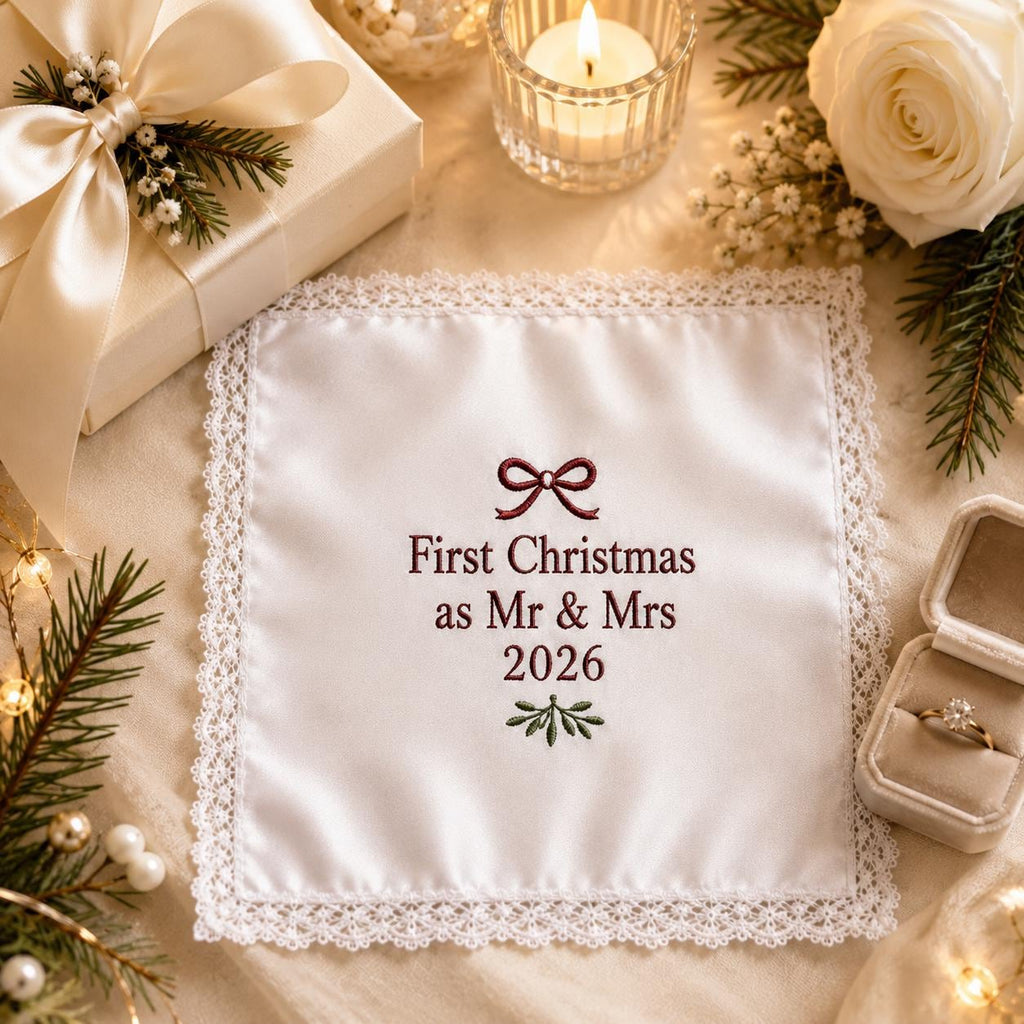 Personalized Christmas Handkerchief, Custom Embroidered Wedding Hanky, First Christmas Mr And Mrs Gift