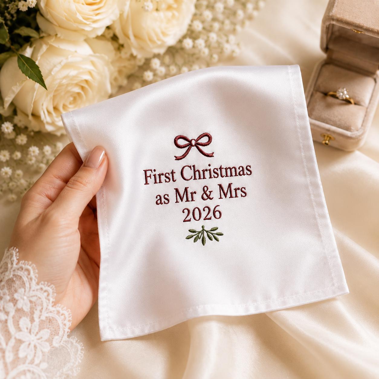 Personalized Christmas Handkerchief, Custom Embroidered Wedding Hanky, First Christmas Mr And Mrs Gift
