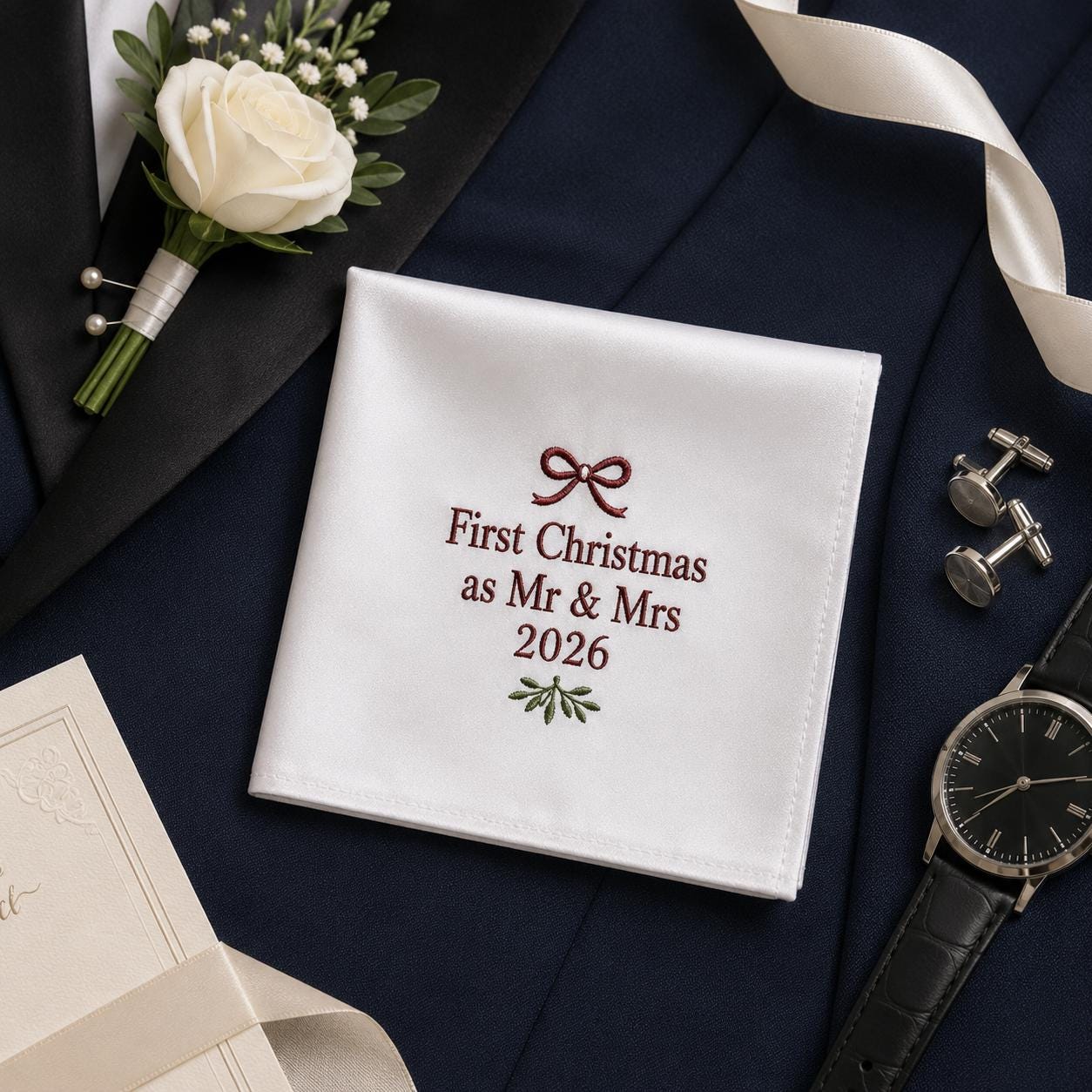Personalized Christmas Handkerchief, Custom Embroidered Wedding Hanky, First Christmas Mr And Mrs Gift