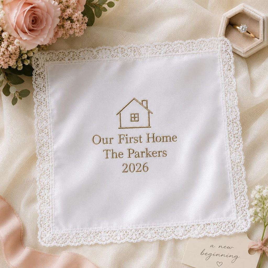 Personalized First Home Handkerchief, Custom Embroidered Housewarming Hanky, New Home Keepsake Gift