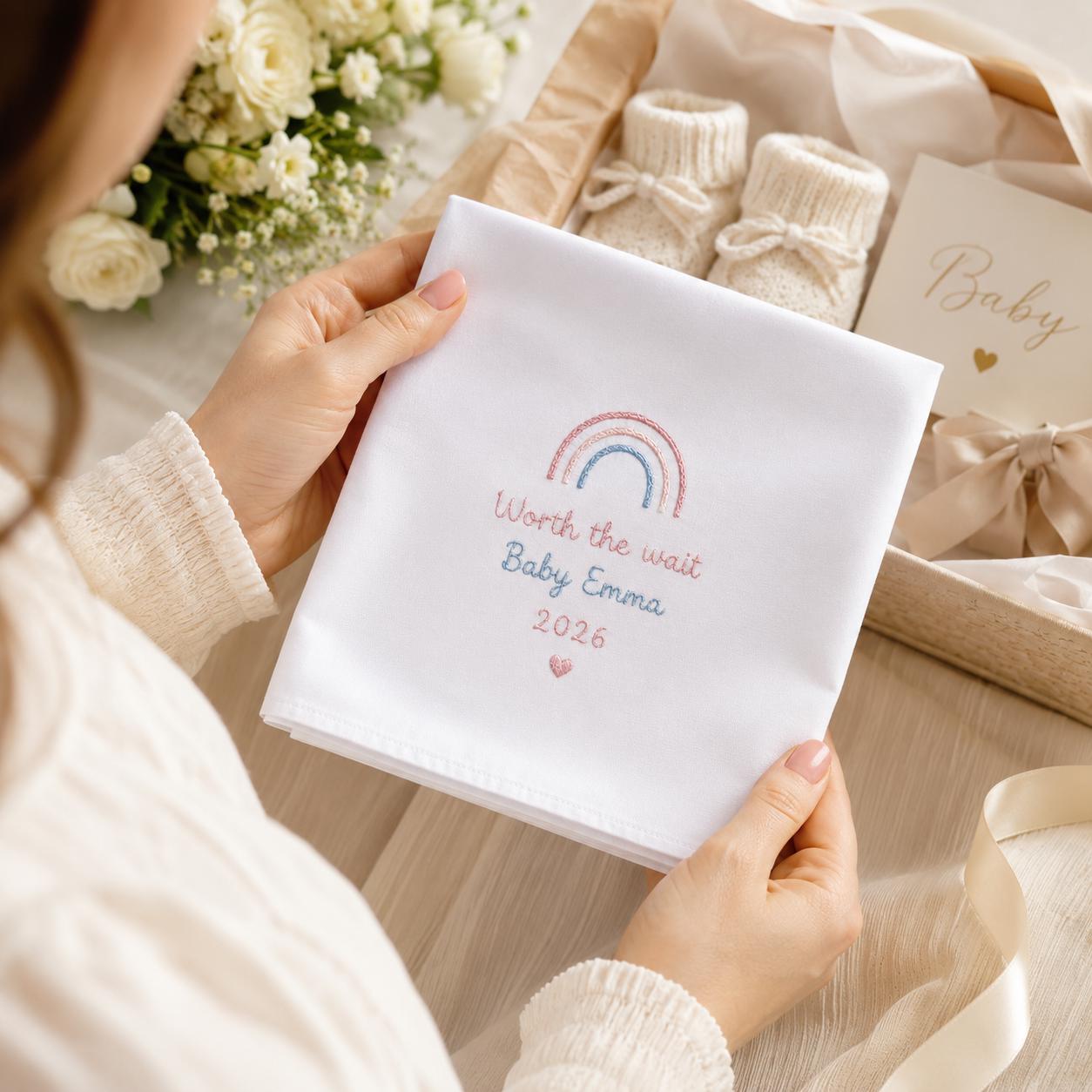 Personalized Baby Handkerchief, Custom Embroidered Rainbow Baby Hanky, Baby Shower Keepsake Gift